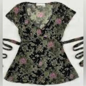 DKNY Jeans Women’s Lined Peasant Boho Belted Blouse Feminine Brown Floral M EUC